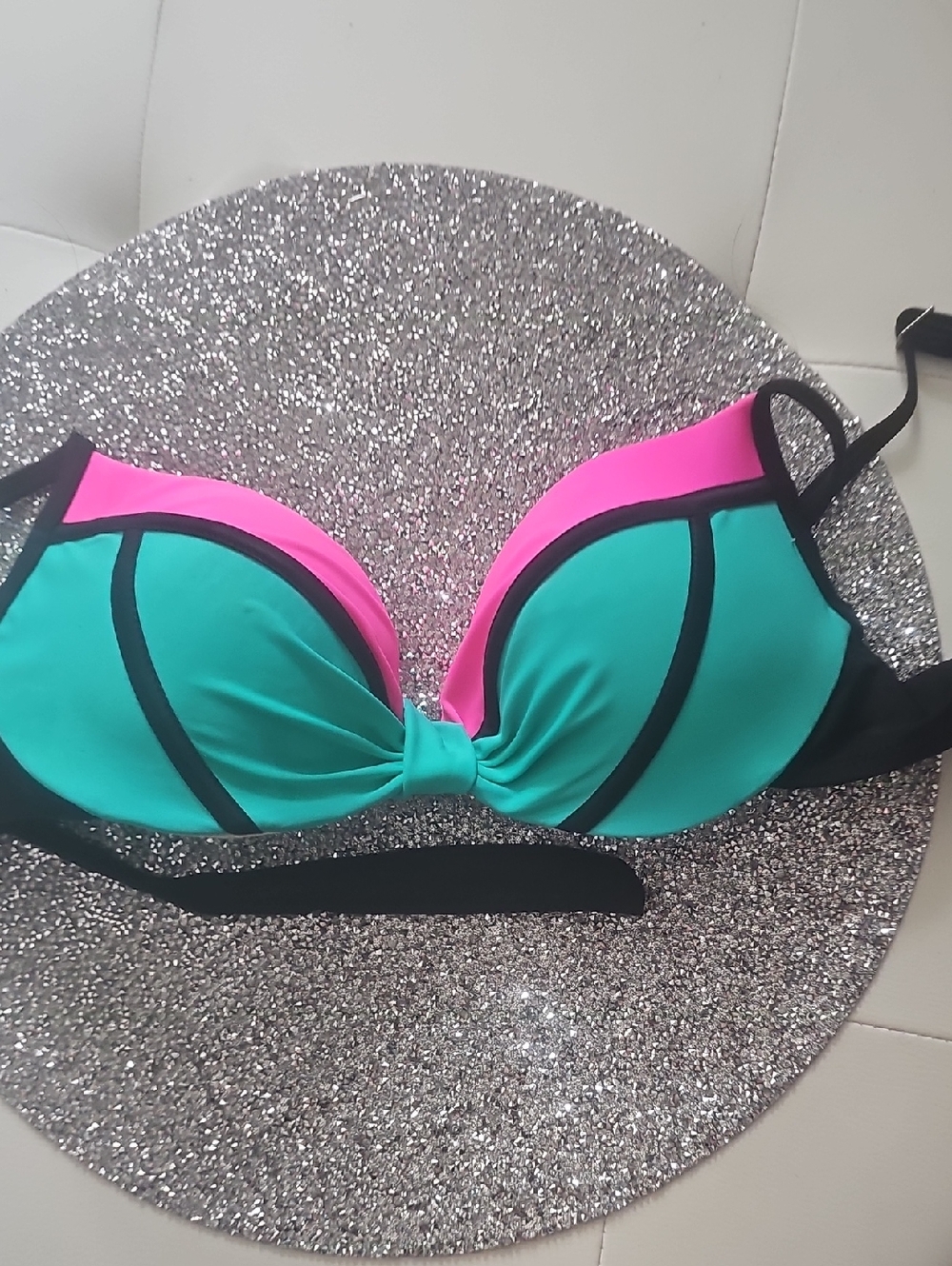 Source Unknown Women's Bikini Top in Teal and Hot Pink with Black Trim B Cup